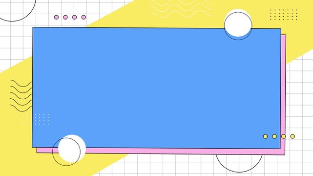 Colorful Memphis geometric background with copy space frame for text or title. Perfect for intro, presentation, template, opener, or playful creative projects.