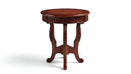 Ornate, circular wooden table with carved detailing, set against a white backdrop