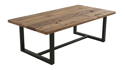 Rustic wooden table with a rectangular top and black metal legs, isolated on white