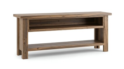 Rustic wood console table with two shelves and a recessed middle section