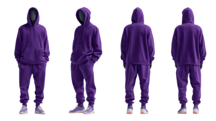 Four views of a purple tracksuit outfit isolated on transparent background