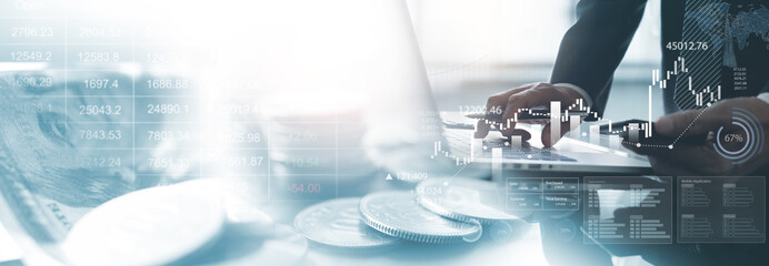 Businessman analyzing sales data and financial growth graph chart report. Business planning,...