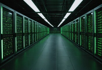 Hyperscale Server Room Lit with Green Lighting