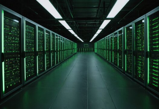 Hyperscale Server Room Lit with Green Lighting - Powered by Adobe