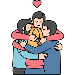 Obraz premium Four Diverse People Embracing in a Warm Hug Showing Friendship and Unity A Pink Heart Floats Above Them Symbolizing Love And Affection Against A Transparent Background