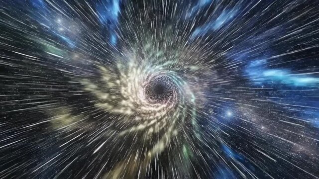 Abstract visualization of a cosmic wormhole warping through deep space simulating a temporal distortion travel effect with star trails presentation backdrop, dynamic motion, space tunnel