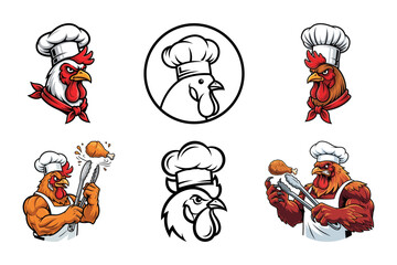 Chef Chicken Cartoon Mascot Character Design Set