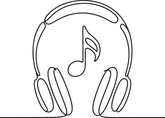 Continuous Line Art Illustration of Large Headphones with a Floating Note in Soft Sketch Contour