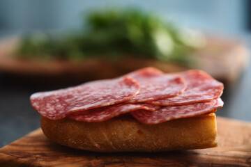 Toasted ciabatta with salami sausage on olive board