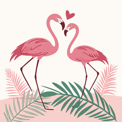 Fototapeta premium Cute Pink Flamingos with Heart and Leaves Illustration