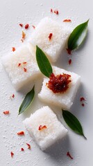 Kiribath Diamond-cut pieces of milk rice, dish from Sri Lanka on white background, minimalist food photo, template for social media, digital ads, web banners, mobile wallpapers, greeting cards