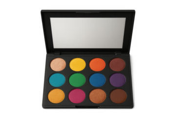 Eyeshadow palette featuring twelve bright and natural shades, a large mirror, and a black case for beauty and glamour concepts