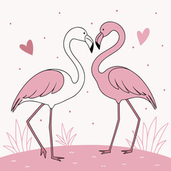 Two pink flamingos forming a heart shape with their necks in a romantic illustration
