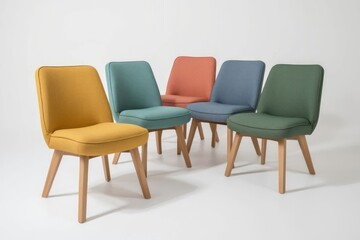 Fototapeta premium Modern chairs with soft upholstery in different colors – minimalist furniture design on a white background. AI generated. 