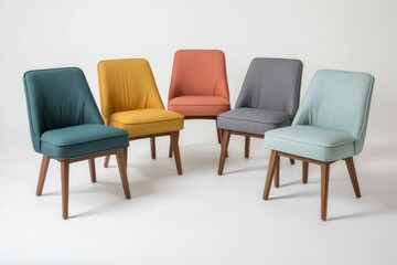 Obraz premium Modern chairs with soft upholstery in different colors – minimalist furniture design on a white background. AI generated. 
