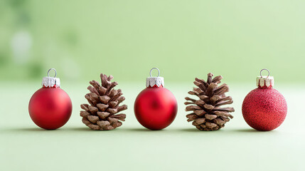 Cheerful red christmas ball decoration and natural pine cone in festive row against simple green background for holiday