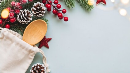 New Year's composition with a wooden spoon, fir branches, pine cones and red berries on a light background, festive Christmas decoration with natural elements