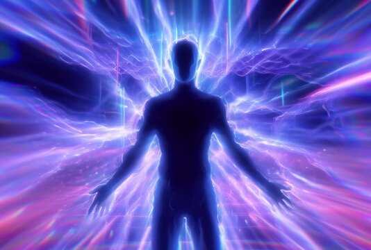 the generated animation. A human figure made of threads of energies