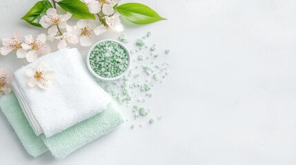 Serene Spa Scene: Fresh white towels and delicate blossoms, coupled with aromatic salts, create an inviting spa ambiance