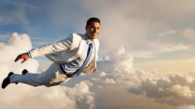 Caucasian man flying like superman suit above clouds with blue sky and orange sunset glow background. Color of year 2026 concept.