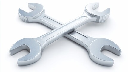 Two chrome open-end wrenches, crossed, against a clean white backdrop, creating a maintenance icon