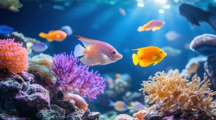 Obraz premium Vibrant Coral Reef and Tropical Fish: A vivid underwater scene showcases a kaleidoscope of colorful tropical fish swimming among diverse coral formations.