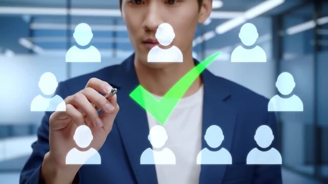 Professional Selection Process on Touchscreen Interface. Decision-Making with Human Figure Icons. Modern HR and Candidate Screening.
