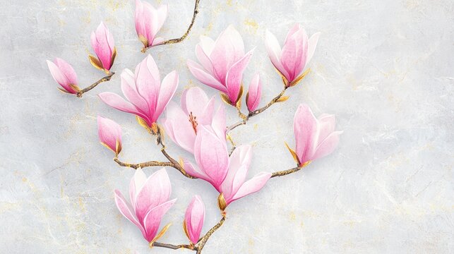 Delicate Blossom Symphony: A close-up view unveils the intricate beauty of soft pink magnolia flowers, delicately arranged on slender branches, creating a harmonious and elegant visual composition.
