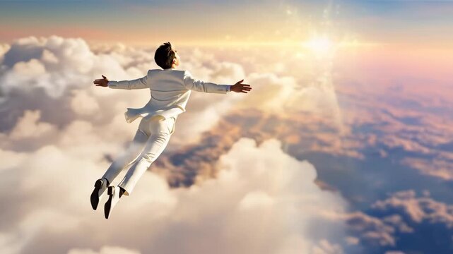 Man floating above clouds with arms wide open, embracing sky and sun, concept of freedom, success, inspiration. Color of the year 2026