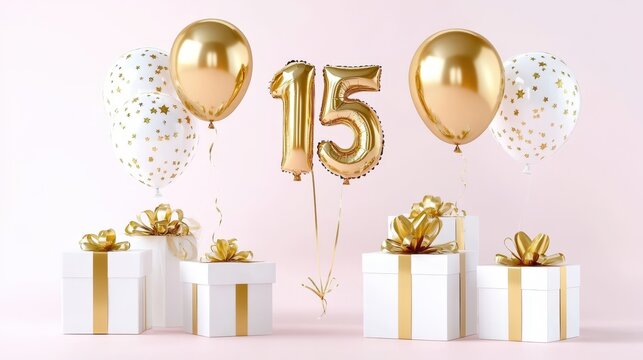 15th Birthday Celebration: A festive scene, showcasing a collection of presents adorned with golden bows, accompanied by matching gold balloons and a 15 balloon, all set against a soft pink backdrop. - Powered by Adobe