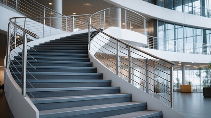 Fototapeta premium A sleek stainless steel staircase spiraling upward inside a modern corporate atrium, polished railings mirroring geometric architecture — contemporary interior design, industrial elegance, and