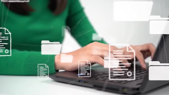 Digital File Management and Cloud Storage Network. Data Organization with Folder and Document Icons. Modern Professional Connectivity Tools.