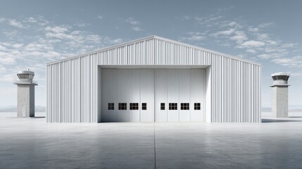 Fototapeta premium Modern Industrial Facade: A sleek, expansive industrial building under a vast cloudy sky, emphasizing minimalist design and architectural clarity.