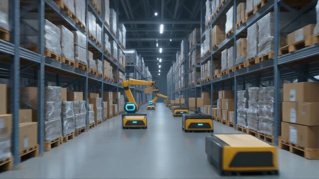 Automated robots move frozen goods in a high-tech cold storage warehouse, optimizing pharmaceutical and food logistics supply chain