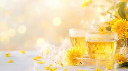 Sunshine Serenity: Two delicate glass cups holding a tranquil brew, adorned with bright yellow flowers, sit in a setting of ethereal, warm sunlight, evoke feelings of calm and freshness.