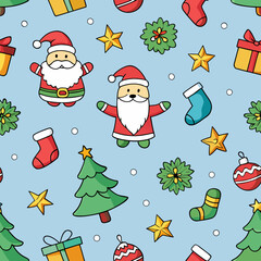 Cute cartoon christmas pattern with santa claus and festive ornaments