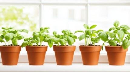Fresh Basil in Sunlight: A row of vibrant basil plants flourishes in terracotta pots on a sun-drenched windowsill, symbolizing freshness and the joy of homegrown herbs.