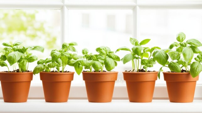 Fresh Basil in Sunlight: A row of vibrant basil plants flourishes in terracotta pots on a sun-drenched windowsill, symbolizing freshness and the joy of homegrown herbs. - Powered by Adobe