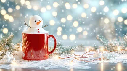 Festive Holiday Mug: A charming snowman perches atop a red mug amidst a winter wonderland, evoking a feeling of warmth, joy, and the magic of the holiday season.