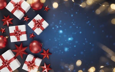 Festive christmas gifts, ornaments, and string lights on a dark blue background