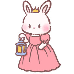Kawaii bunny princess holding lantern cute pastel rabbit character nighttime fairytale scene adorable children storybook illustration soft charming art © blumensdiary