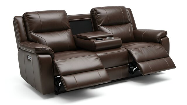 Brown leather reclining loveseat with center console featuring cupholders and storage