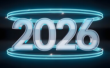 Futuristic 2026 numbers with blue neon light rings, digital technology theme