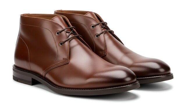 Pair of glossy brown leather chukka boots, laced up, presented on a white background - Powered by Adobe