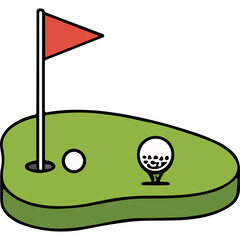 Golf Green with Flag Ball and Tee Featuring a Smiling Golf Ball on a Sunny Day