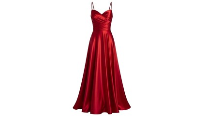 A flowing, vibrant red formal gown with spaghetti straps, a draped bodice, and a full skirt