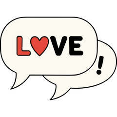 Graphic Speech Bubbles Displaying The Word Love With A Heart Symbol And An Exclamation Mark In Red And Black On A Cream Background With A Subtle Shadow