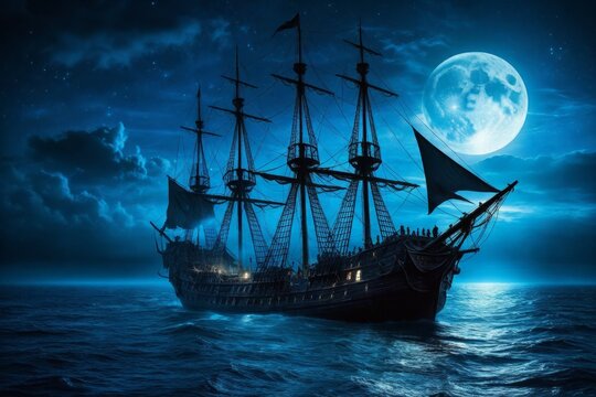 Majest&auml;tisches Piratenschiff unter dem Mondschein auf st&uuml;rmischer See