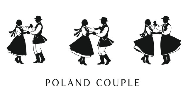 Silhouette illustrations of polish couples dancing traditional folk dances in black