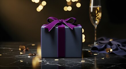 Elegant christmas Celebration Gift | Purple Ribbon Present with Champagne and Golden Accents